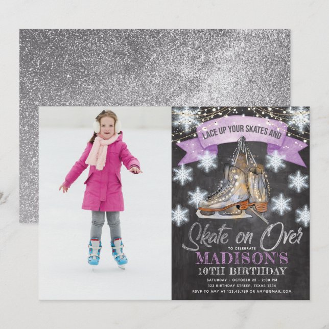 Invitación Chica de patinaje sobre hielo Foto de cumpleaños p (Anverso / Reverso)