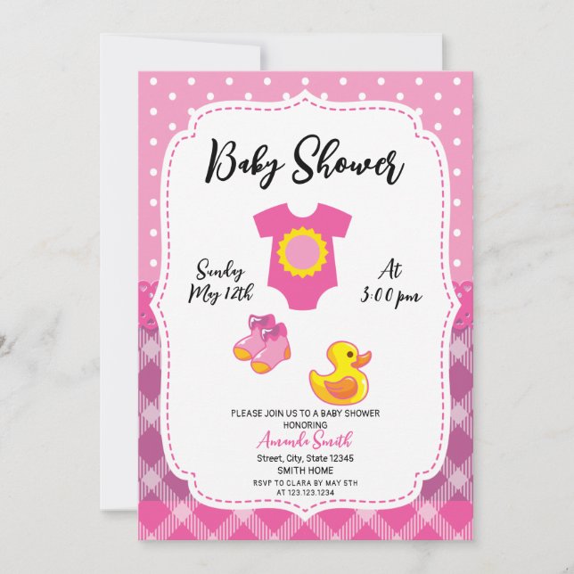 Invitación Chica de pato de caucho blanco y rosa (Anverso)