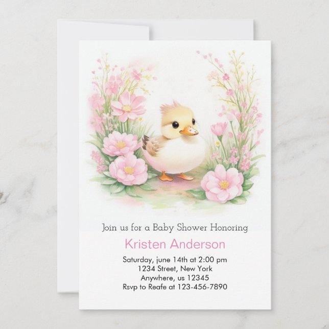 Invitación Chica de pato de flores silvestres rosadas Baby Sh (Anverso)