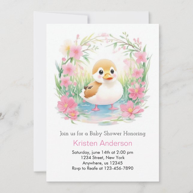 Invitación Chica de pato rosado floral brillante Baby Shower (Anverso)