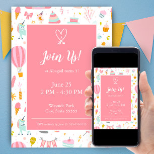 Invitación Chica de patrón de Fiesta de unicornio rosa