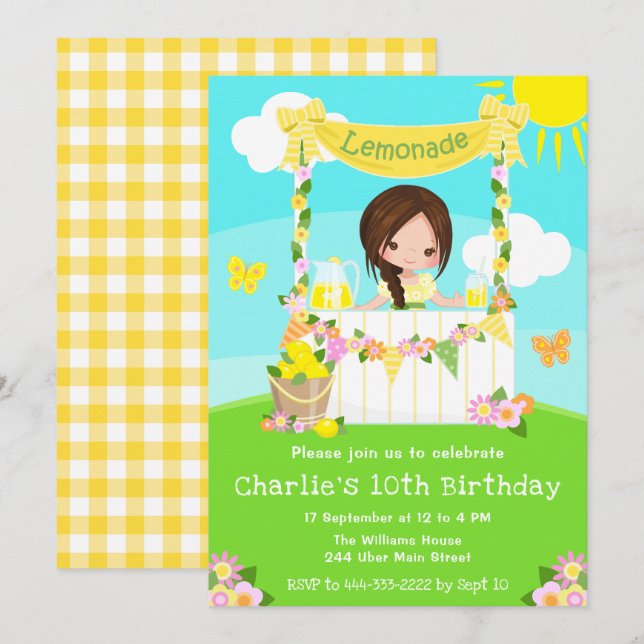 Invitación Chica de pelo marrón de cumpleaños de Lemonade Sta (Anverso / Reverso)