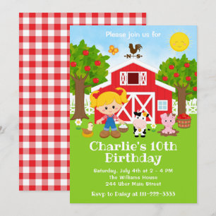 Invitación Chica de pelo rubio cumpleaños granero rojo de gra