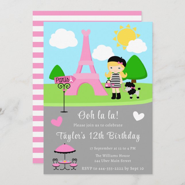 Invitación Chica de pelo rubio y caniche (Anverso / Reverso)
