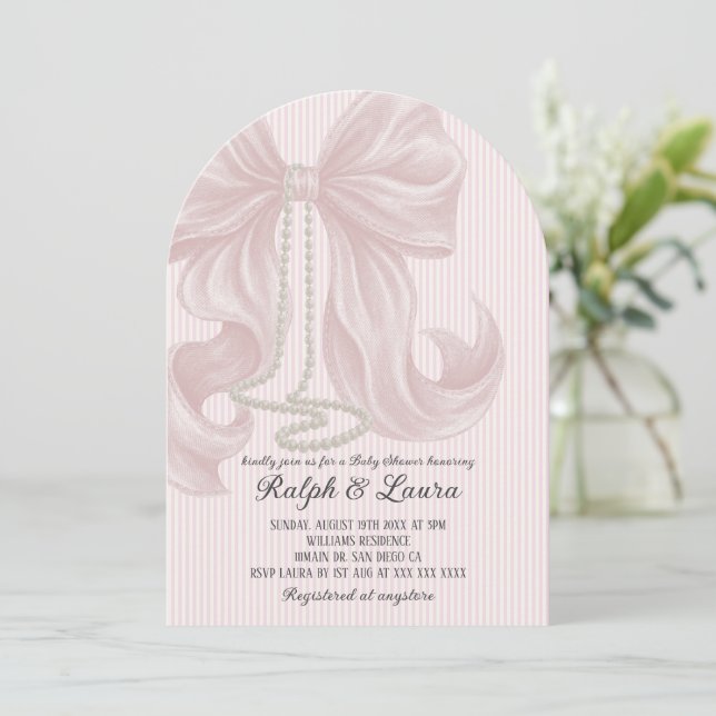 Invitación Chica de perla de lazo rosa Baby Shower (Anverso de pie)