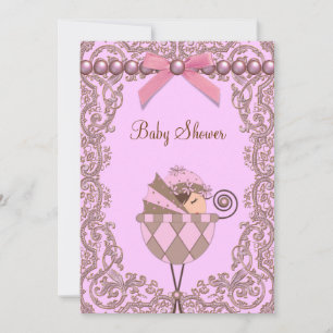 Invitación Chica de Perlas Rosadas Marinas Baby Shower