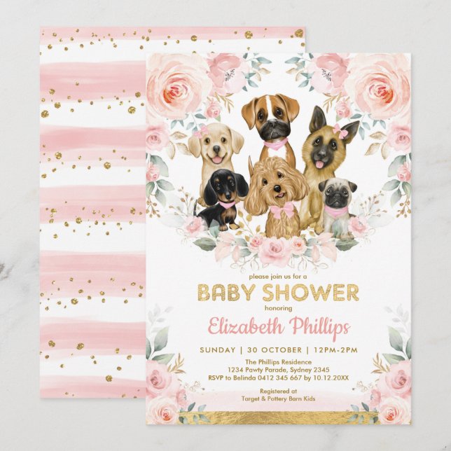Invitación Chica de perro Baby Shower Rubor Cachorros florale (Anverso / Reverso)