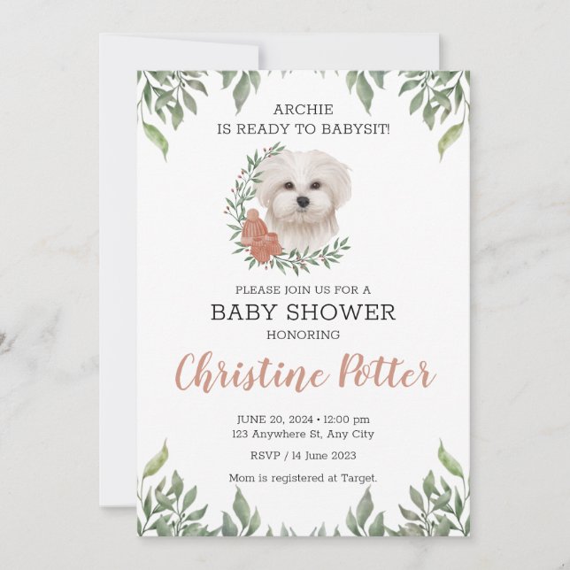 Invitación Chica de perro maltés Boho Greenery Baby Shower (Anverso)