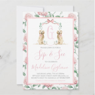 Invitación Chica de Perro Rosa Sip y Ver Floral Preppy Sur