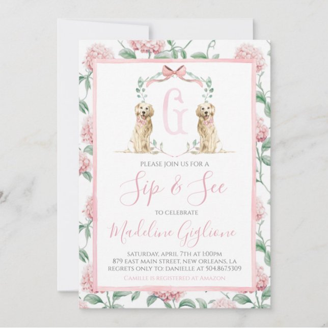 Invitación Chica de Perro Rosa Sip y Ver Floral Preppy Sur (Subido por el creador)