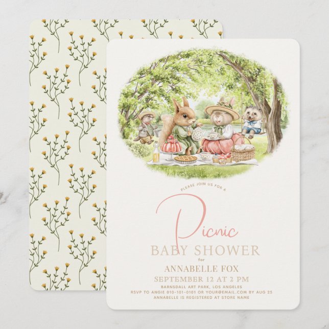 Invitación Chica de Picnic de Woodland Animals Baby Shower (Anverso / Reverso)