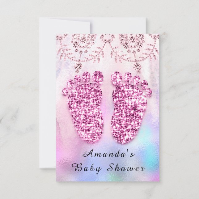 Invitación Chica de pies Baby Shower Royal Purpurina Rosado F (Reverso)
