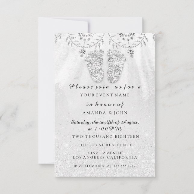 Invitación Chica de pies Baby Shower Silver GRay Royal Boy (Anverso)