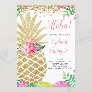 Invitación Chica de piña Cumpleaños Aloha Hawaii Verano