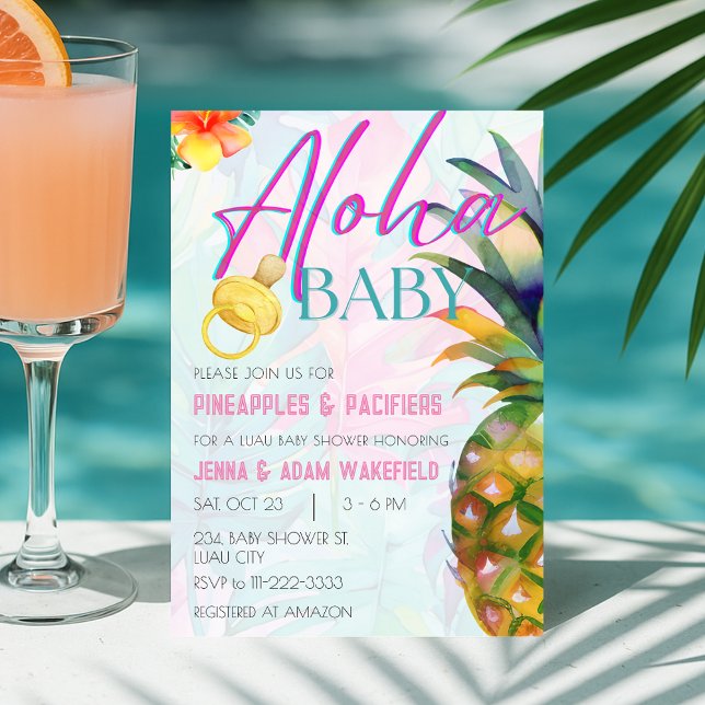 Invitación Chica de piñas y pacificadores Aloha Luau Baby Sho (Pineapples Pacifiers Girl Aloha Luau Baby Shower Invitation)
