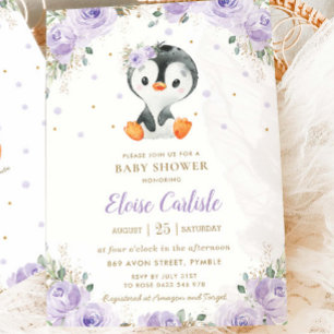 Invitación Chica de Pingüino Adorable Purple Floral Baby Show
