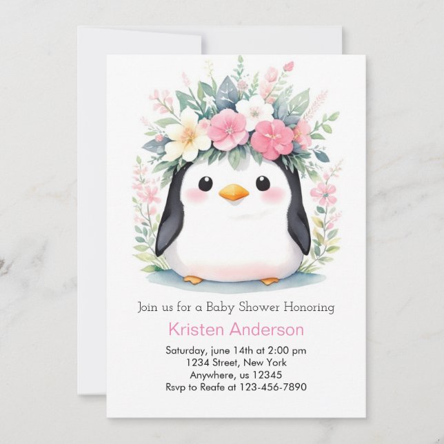 Invitación Chica de Pingüino Floral Rosa (Anverso)