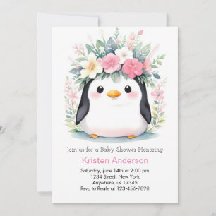 Invitación Chica de Pingüino Floral Rosa