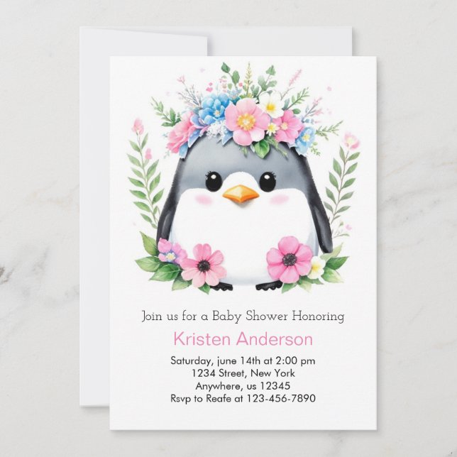 Invitación Chica de Pingüino Rosa Whimsical Baby Shower (Anverso)