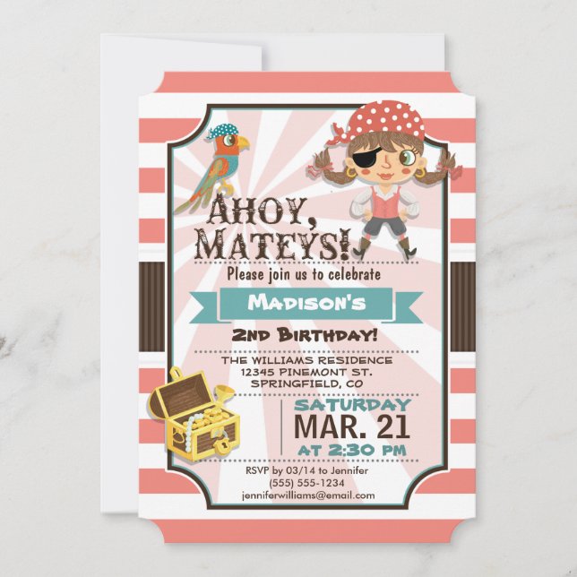 Invitación Chica de Piratas; Partido de Cumpleaños Coral Pink (Anverso)