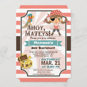 Invitación Chica de Piratas; Partido de Cumpleaños Coral Pink