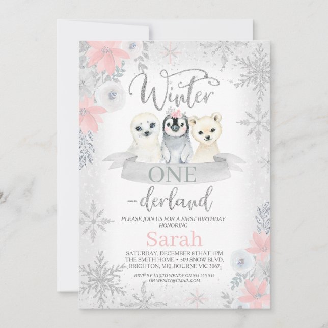 Invitación Chica de Plata Animales Invierno Cumpleaños de Aus (Anverso)