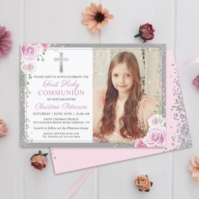 Invitación Chica de Plata Floral Rosa Primero Fotografía De C (Subido por el creador)