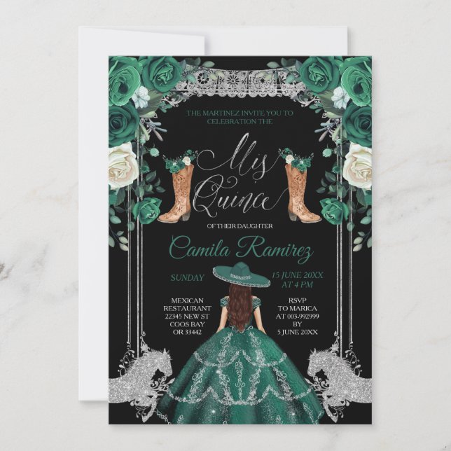 Invitación Chica de plata y verde esmeralda de la princesa 15 (Anverso)