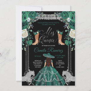 Invitación Chica de plata y verde esmeralda de la princesa 15