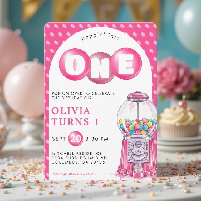 Invitación Chica de Poppin Rosado Bubblegum Primer Fiesta de  (Bubblegum Pink Poppin' Girl 1st Birthday Party Invitation
)