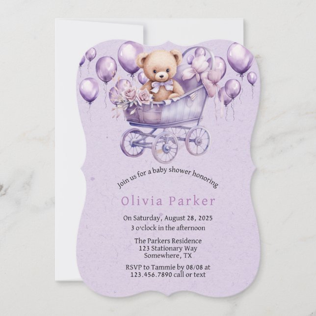 Invitación Chica de portaequipajes de Teddy Bear Lavender Bab (Anverso)