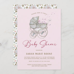 Invitación Chica de portaequipajes para bebés con flores rosa