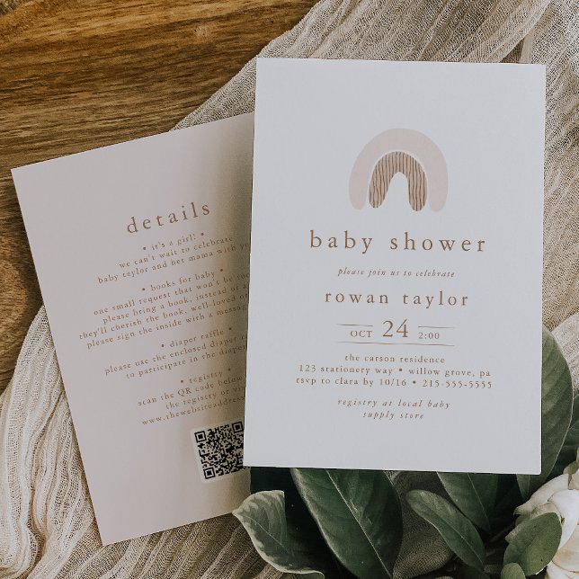 Invitación CHICA de primavera cubana QR Boho Rainbow Baby Sho (ROWAN Cute Spring Girl QR Boho Rainbow Baby Shower Invitation)