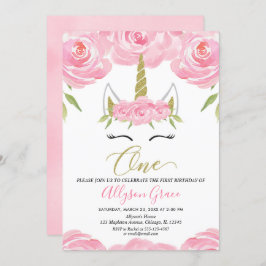 Invitación chica de primer cumpleaños de Unicornio rosa y dor