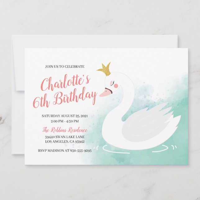 Invitación Chica de Princesa de Cisne Rosa y Verde azulada Cu (Anverso)