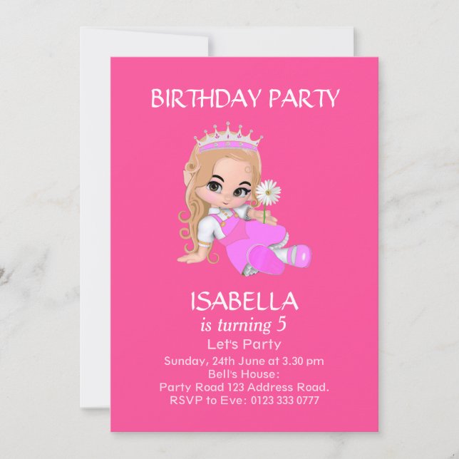 Invitación Chica de princesa linda en fiesta de cumpleaños 5  (Anverso)