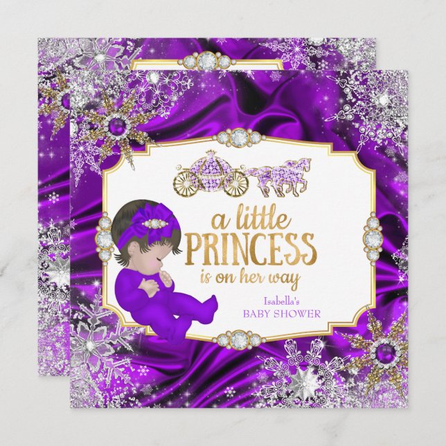 Invitación Chica de princesa mágica Baby Shower Purple Brunet (Anverso / Reverso)