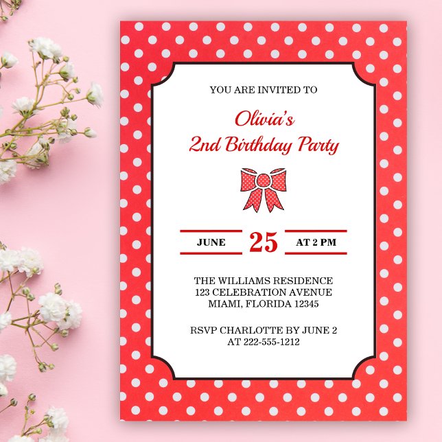 Invitación Chica de Punto de Polka Rojo Cute Fiesta de cumple (Subido por el creador)