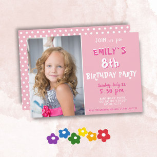 Invitación Chica de Punto de Polka Rosa Cute Foto Cumpleaños