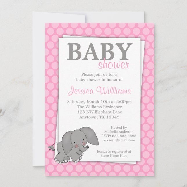 Invitación Chica de puntos rosas elefantes Baby Shower (Anverso)