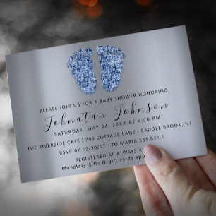 Invitación Chica de Purpurina Baby Shower Blue Feet Gray Boy