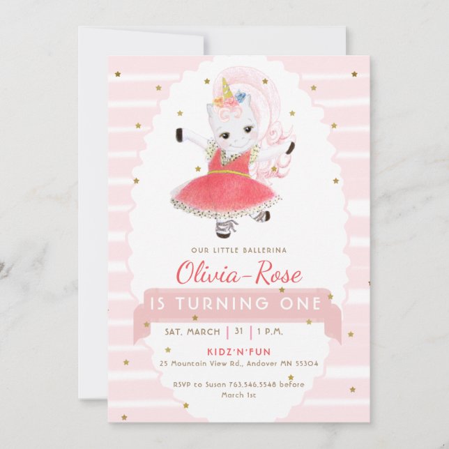 Invitación Chica de Purpurina de Cute Pink Ballerina Unicorn (Anverso)