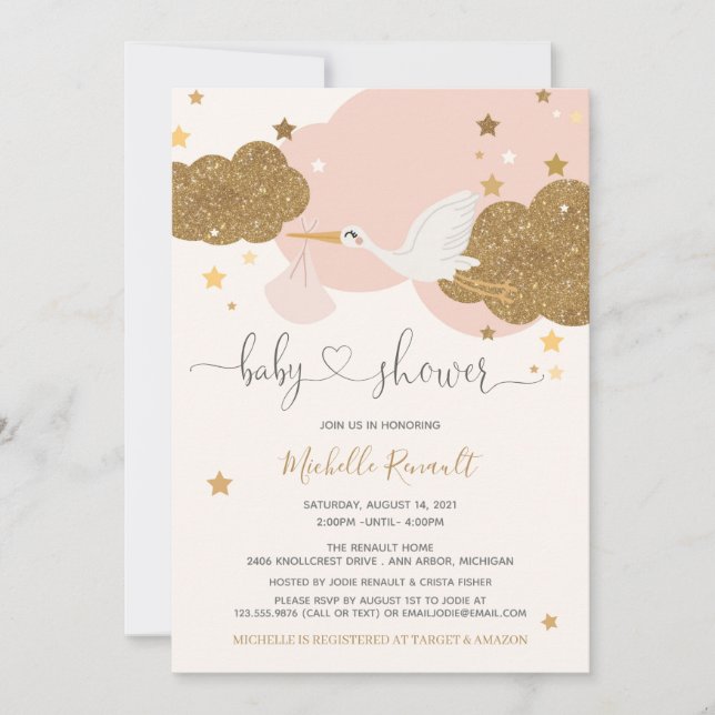 Invitación Chica de Purpurina de guiños y oro Baby Shower  (Anverso)