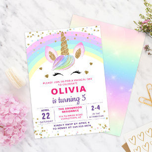 Invitación Chica de Purpurina de oro con arcoiris mágico Unic