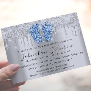 Invitación Chica de Purpurina  de pies azules gris de Baby Sh