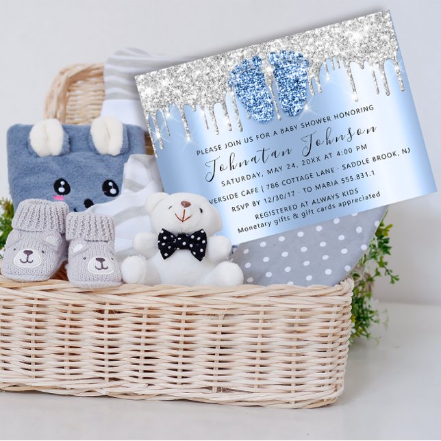 Invitación Chica de Purpurina  de pies azules gris de Baby Sh (Baby Shower Drips Glitter Blue Feet Gray Boy Girl Invitatio)