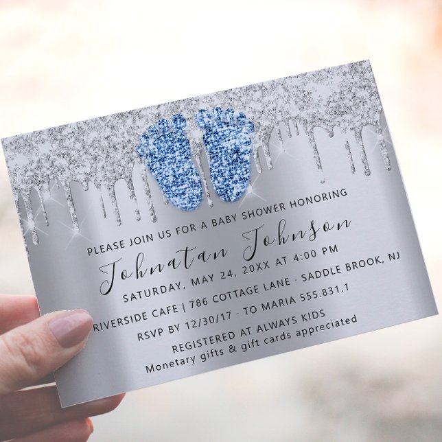 Invitación Chica de Purpurina  de pies azules gris de Baby Sh (Baby Shower Drips Glitter Blue Feet Gray Boy Girl Invitation)