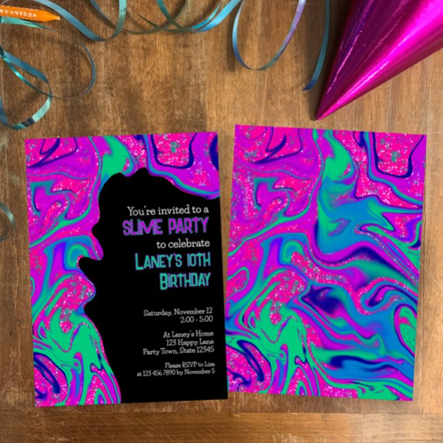 Invitación Chica de Purpurina morado Verde azulado de Guay Cu (Unique bright pink purple teal swirls. Slime party invitation for girls birthday party. Fun, cool.)