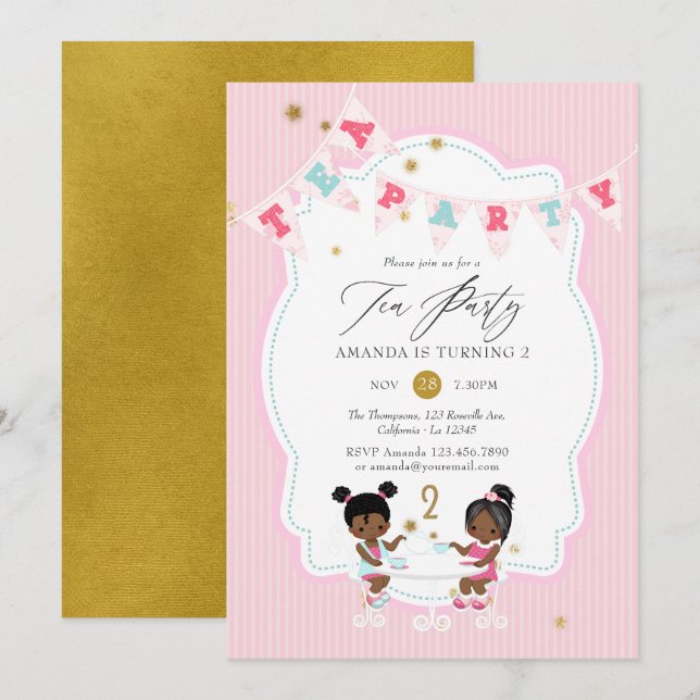 Invitación Chica de Purpurina rosado y dorado Fiesta de té de (Anverso / Reverso)