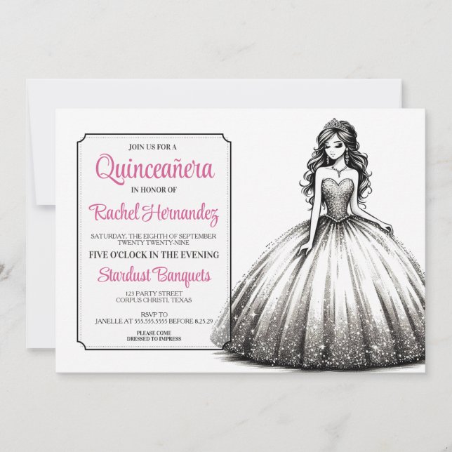 Invitación Chica de Quinceañera Blanco y Negro (Anverso)
